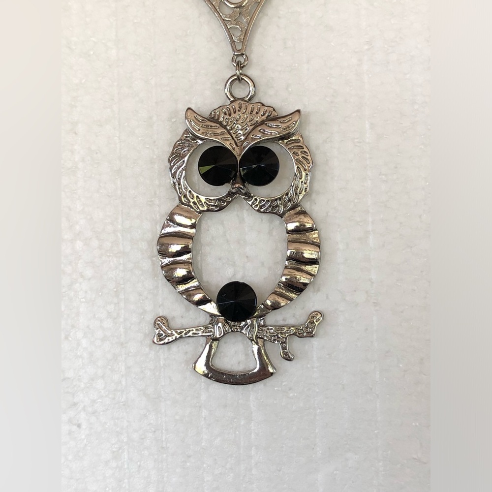 Horned Owl Pendent Necklace With Black Rhinestones